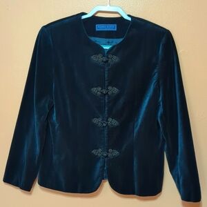Vintage Karen Scott Green Teal Velvet Blazer Jacket Victorian Collarless Sz 12/L